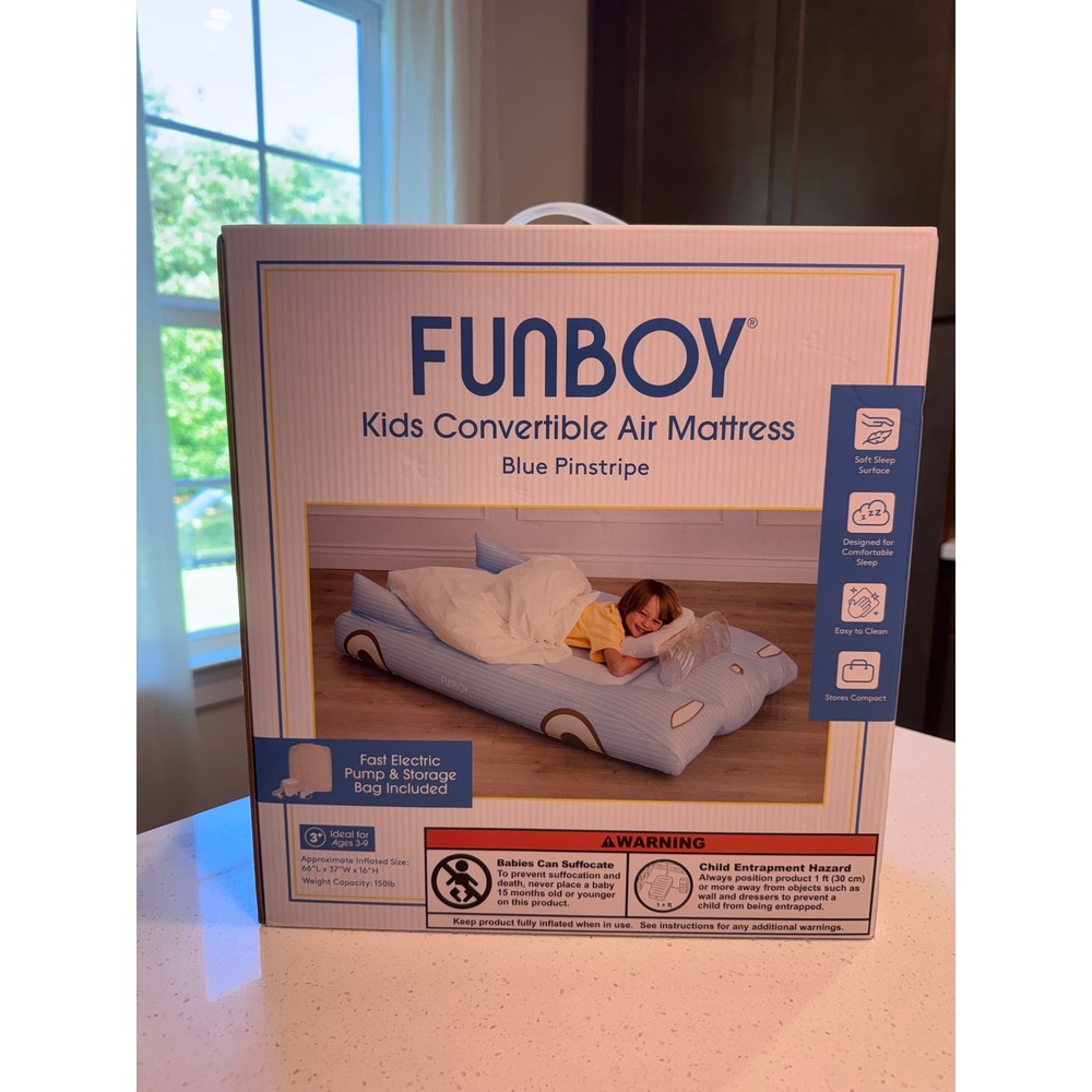 Funboy Kids Convertible Air Mattress Blue Pinstripe Car Inflatable Bed Pump NEW